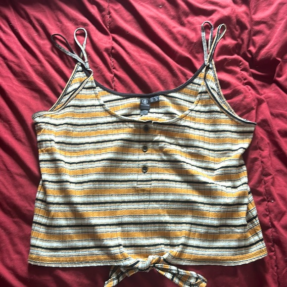 Womens Volcom Black, Mustard, & White Stripe Ribbed Spaghetti Crop Top - Picture 1 of 2